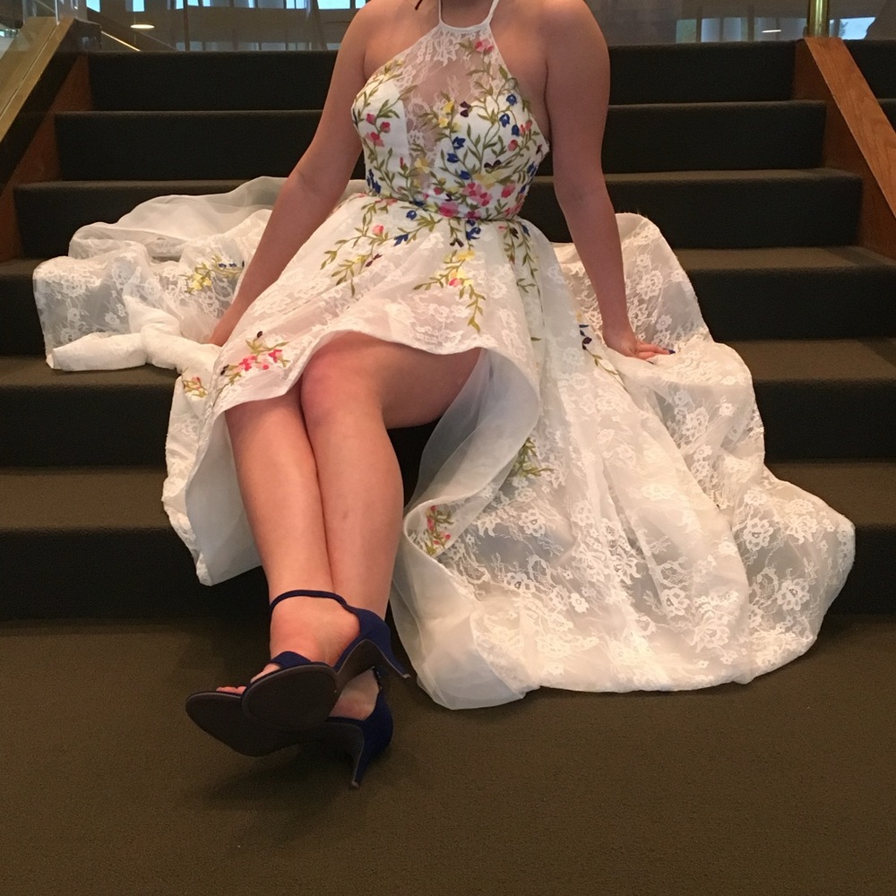 Sherri Hill White Embroidered Hi-Low dress
